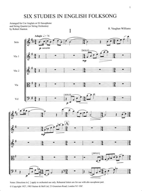 Six Studies In English Folk Song For Solo Cor Anglais And String Quartet Or String Orchestra